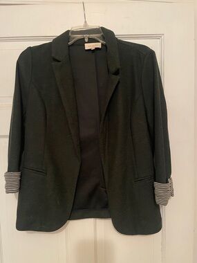 Skies Are Blue Dark Olive Green Open-Front Blazer with Striped Cuffs